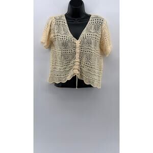 UNBRANDED Women's Cream Crochet Knit V-Neck Short Sleeve Cinch Relaxed Top SZ S